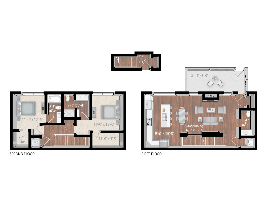 Floor plan for 2 beds, 2.5 baths, 1755 sqft